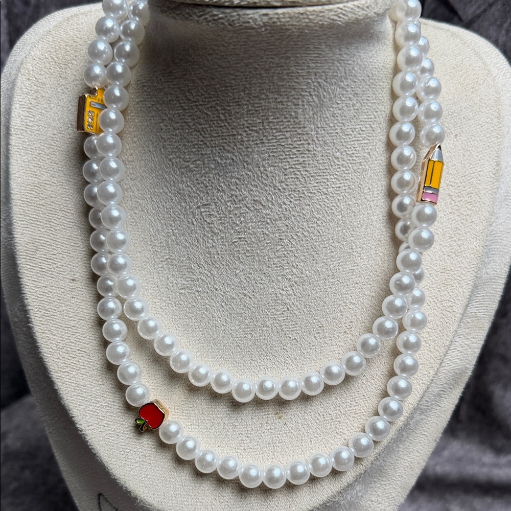 Classic White Pearl Necklace with Colorful Enamel Charms EB#1